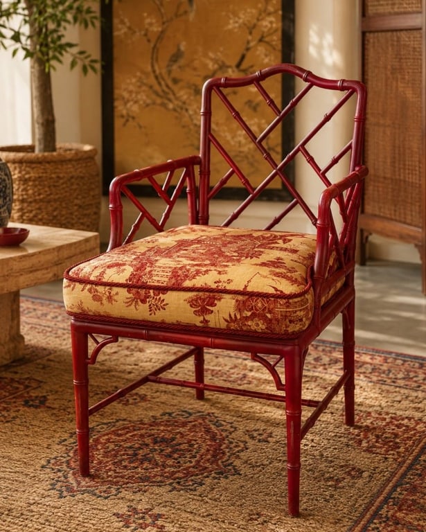RED FAUX BAMBOO CHIPPENDALE STYLE ARMCHAIR 36": Chippendale-style faux bamboo armchair in red finish with original toile cushion. Cane seat, cushion features scenic pattern. Chair height approx. 36" and 21" wide. Some paint wear on arms and legs. C