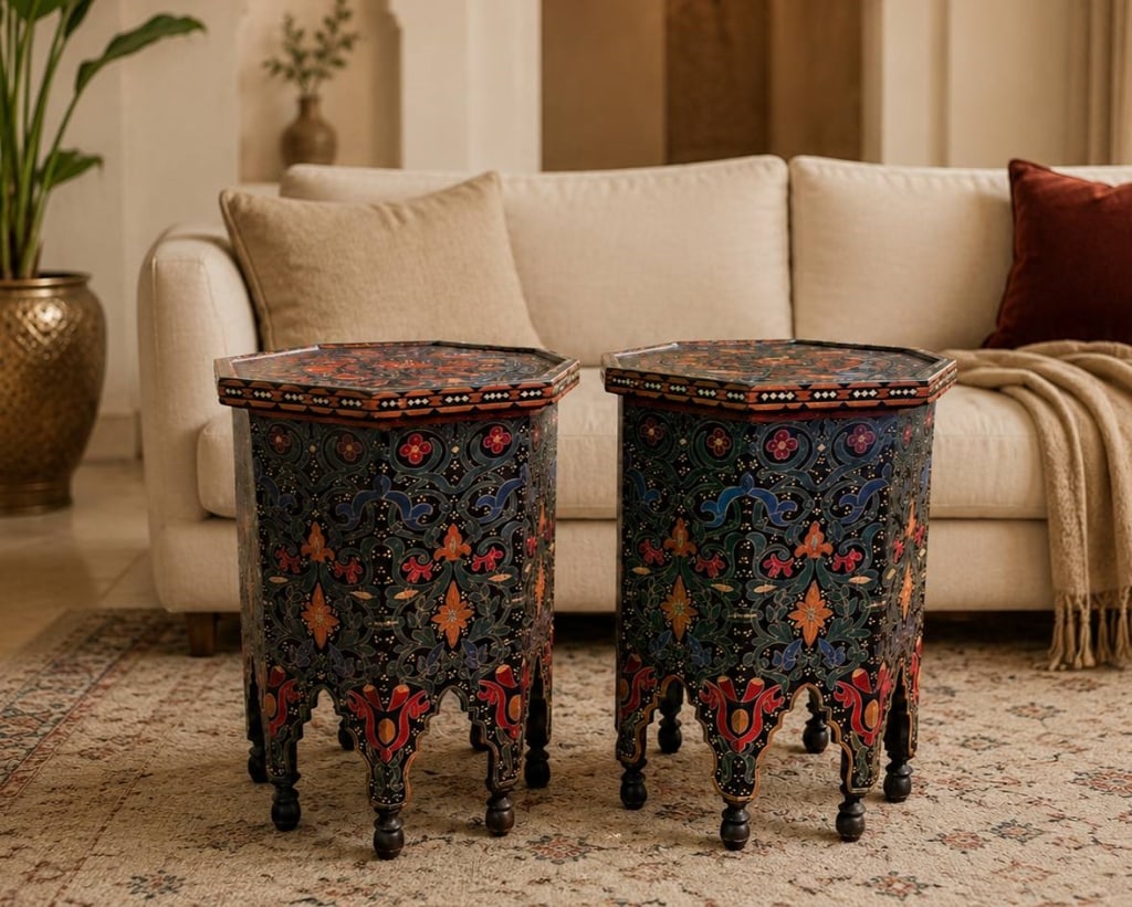 PAIR OF MOROCCAN PAINTED WOOD OCTAGONAL TABLES 10" (1 of 10)