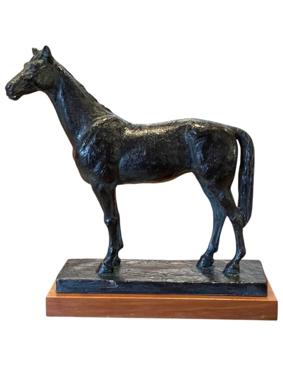BRONZE HORSE SCULPTURE ON WOOD BASE 15" (1 of 9)
