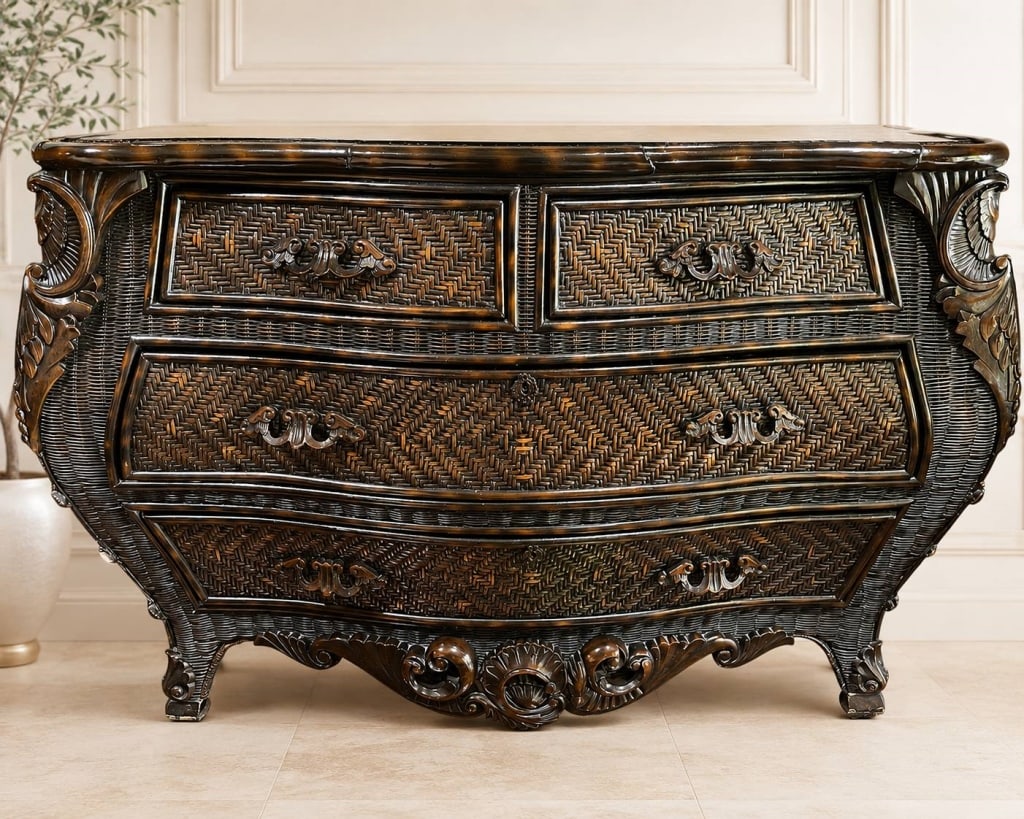 WOVEN WOOD BOMBE CHEST OF DRAWERS 51": Stunning bombe chest crafted from woven wood with intricate carved accents and an elegant dark finish. Features four drawers, ornate details, and a serpentine front. A striking and functional statemen