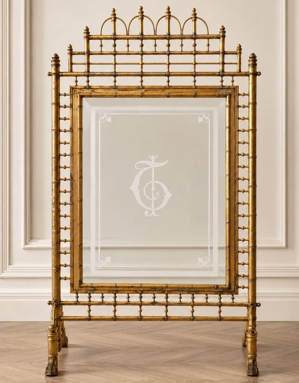 ANTIQUE GILT FAUX BAMBOO GLASS FIRESCREEN 50": Ornate late 19th-century Victorian style firescreen featuring a faux bamboo-style frame, detailed paw feet, and a monogrammed beveled glass. Measures approximately 50" tall by 27" wide. Decorative and