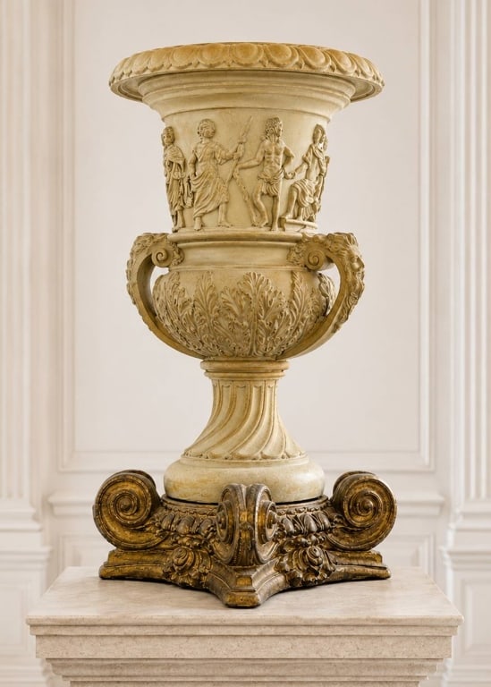 LARGE CLASSICAL STYLE URN ON ORNATE BASE 18": Impressive urn in classical style, depicting figures in relief, made of cream-toned material on an ornate, gold-accented scroll base. Stands approx. 18 inches tall and measures about 6 inches at its w