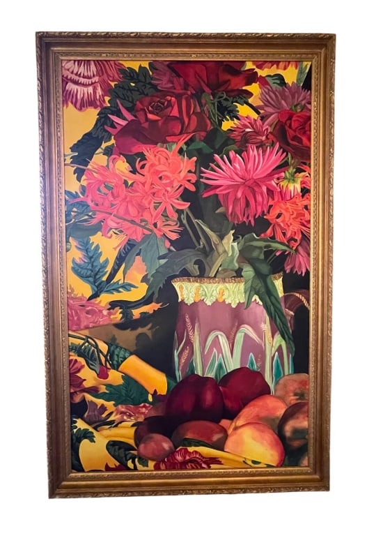 VIBRANT STILL LIFE FLORAL PAINTING IN GILDED FRAME: This vivid still life painting features lush red and pink flowers in a patterned vase, surrounded by fruit, all set against a rich yellow background. Presented in an ornate gilded frame, ideal for cla
