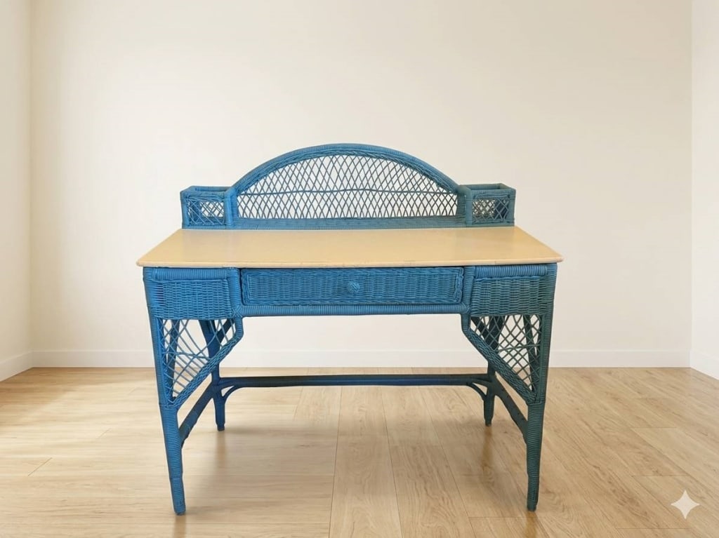 VINTAGE BLUE WICKER DESK WITH DRAWER 3.5' (1 of 4)