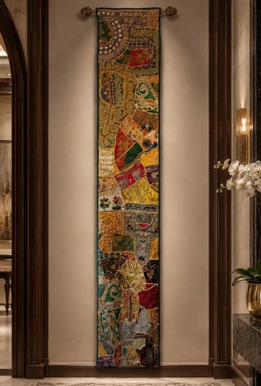 VINTAGE INDIAN PATCHWORK TEXTILE WALL HANGING 6': Tall and narrow vintage Indian embellished textile wall hanging featuring intricate patchwork and hand embroidery with sequins and beads. Rich gold, red, green, and multicolor fabrics create a unique,