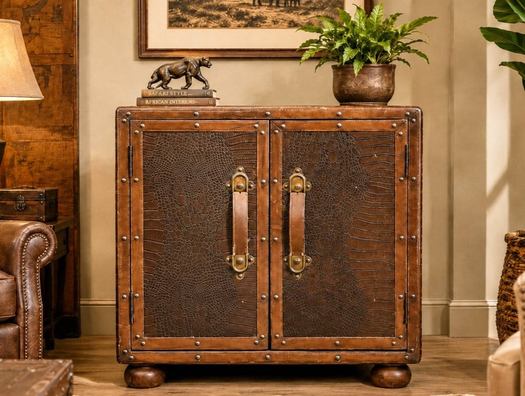 VINTAGE FAUX CROCODILE ACCENT CABINET 24": Vintage faux crocodile accent cabinet featuring dark wood frame, leather panels with faux reptile texture, and studded trim. Dual front doors with leather strap handles open to reveal interior shelvin