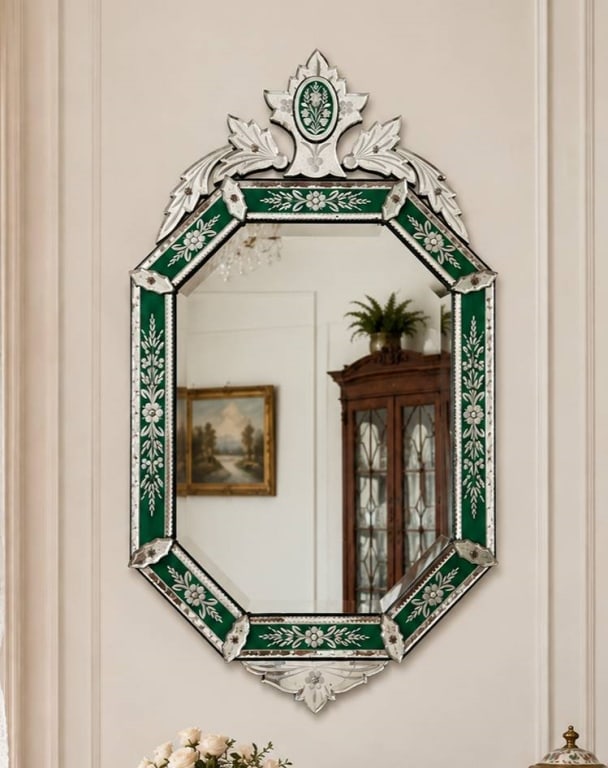 VENETIAN STYLE GREEN ETCHED GLASS MIRROR 37": Ornate Venetian style wall mirror featuring floral etched green glass borders, decorative top and bottom motifs, and beveled edges. Mirror measures approximately 37 inches high by 20 inches wide. Eleg