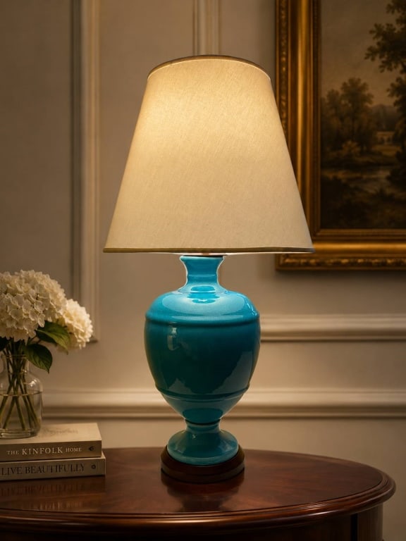 TURQUOISE CERAMIC TABLE LAMP WITH SHADE 36": Elegant turquoise ceramic table lamp featuring a glossy finish, measuring approximately 36 inches tall with the shade. Includes a classic cream fabric shade and decorative finial. Ideal for traditiona