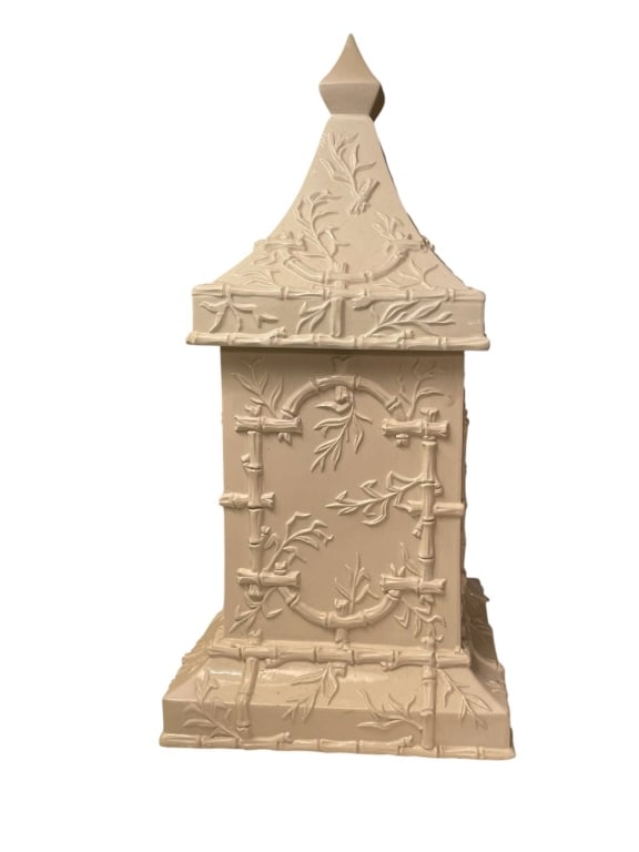 LARGE ITALIAN CERAMIC TEMPLE JAR 15": Large lidded ceramic temple jar, made in Italy, decorated with raised bamboo and leaf motif. Cream glazed finish. Approx. 15 inches tall and 10 inches wide. Hollow interior, removable lid. Marked 'Mad