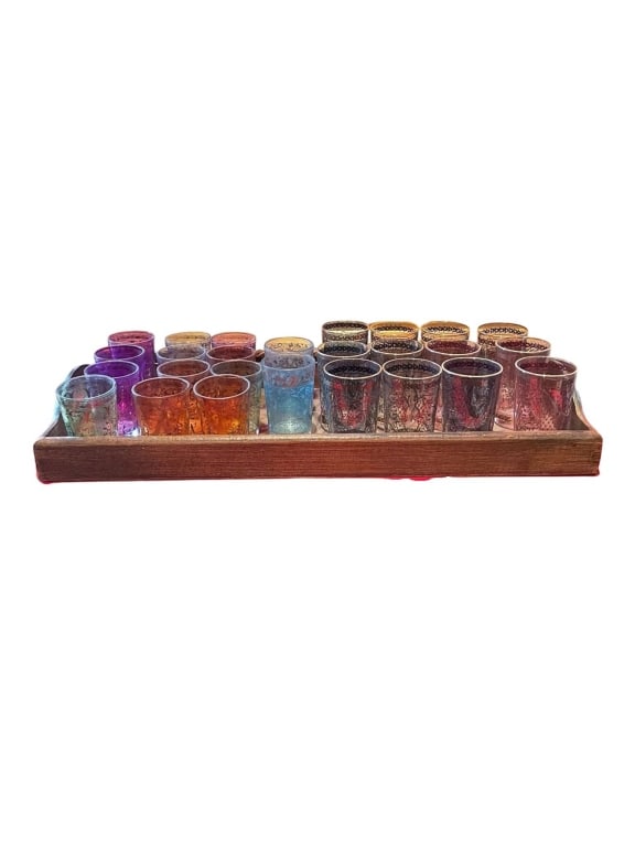 26 VINTAGE COLORED GLASSES ON WOODEN TRAY 24" (1 of 6)