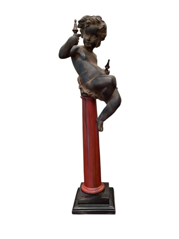 IMPERIOR BRONZE CHERUB ON RED COLUMN 12" (1 of 4)
