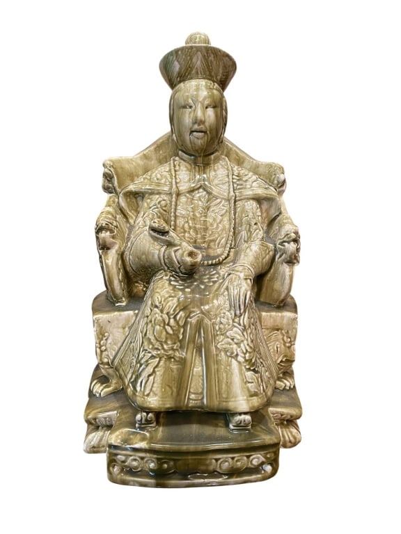 ASIAN STYLE CARVED STONE FIGURE OF SEATED EMPEROR: Carved stone sculpture depicting a seated emperor in traditional Chinese robe, intricate detailing on the garment and throne, approximately 8 inches tall and 4.5 inches wide. Suitable as an ornamental