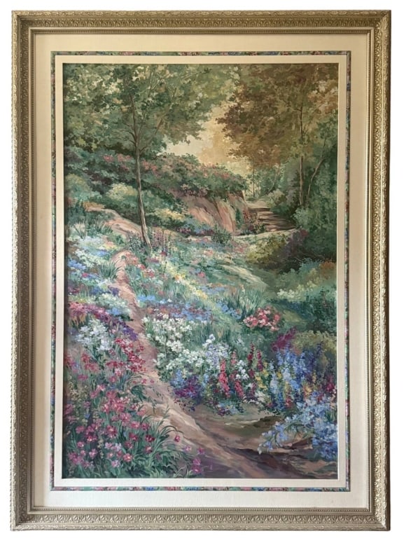 ALIX STEFAN LANDSCAPE OIL PAINTING 49 x 72: Alix Stefan (American: 20th century) large format oil painting on canvas mounted in a substantial decorative frame. The painting depicts a lush floral garden path scene, vividly detailed and signed