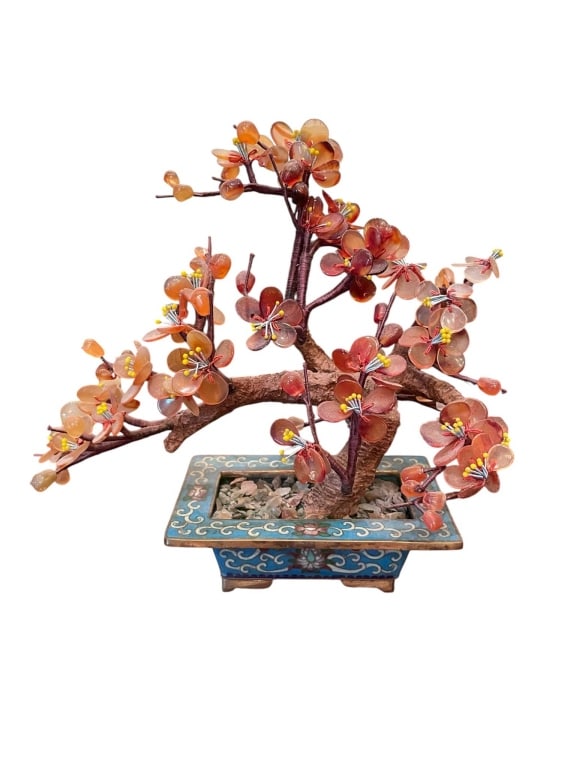 CHINESE JADE FLOWER TREE IN CLOISONNÉ POT 7" (1 of 3)