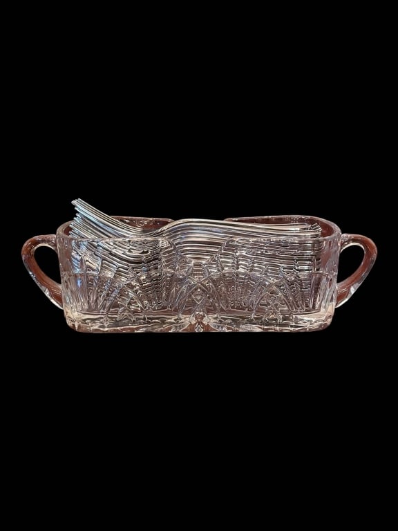 VINTAGE CUT GLASS BASKET WITH SILVER FORKS 9": Rectangular cut glass handled basket, approximately 9 inches wide and 3.5 inches tall, containing ten matching silver table forks. The glass features decorative patterns for added elegance. Excellent 