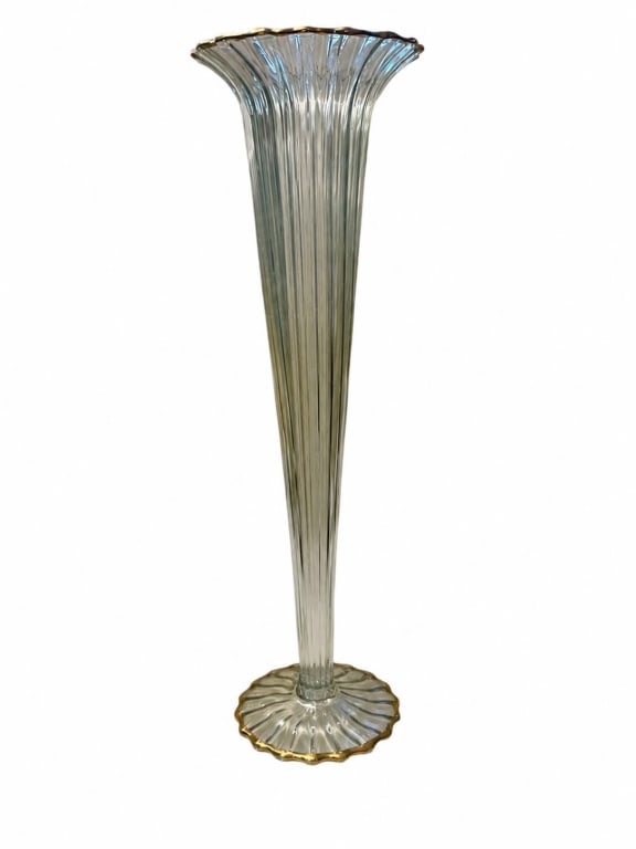 RIBBED GLASS VASE WITH GILDED EDGE 13.5": Clear ribbed glass vase featuring a scalloped base and rim, both accented with a gilded edge. The vase stands approximately 13.5 inches tall. Elegant decorative piece for home or office display.