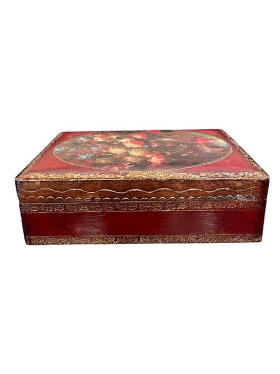 VINTAGE FLORAL DECORATIVE WOODEN BOX 6": Handcrafted wooden box featuring a vivid floral design on the lid and gold-toned decorative trim. The box has a hinged lid and a finely finished interior. Measuring approximately 6 inches wide, it is 