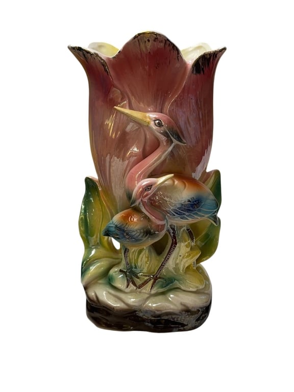 VINTAGE CERAMIC COSMOS HERON VASE 10": Vintage ceramic vase by Cosmos featuring a detailed heron and chick design with multicolor glazing. Vase measures approximately 10 in tall and 6 in wide.