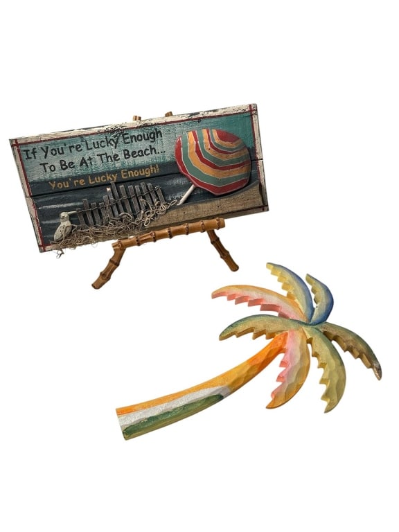 BEACH SIGN, PALM TREE DECOR, BAMBOO EASEL LOT 9": Wood beach-themed sign (approx. 11" x 6"), decorative painted palm tree (approx. 9" tall), and bamboo easel (approx. 9" tall). Perfect for coastal home or tropical decor accents. Items show light wear