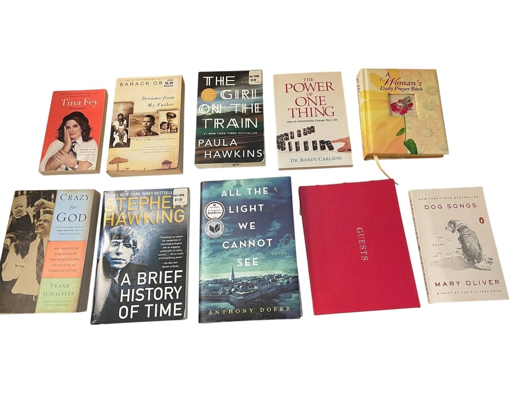 10 DIVERSE BOOKS: Diverse lot of 10 popular books, including fiction and non-fiction titles such as "The Girl on the Train" by Paula Hawkins, "A Brief History of Time" by Stephen Hawking, and "Bossypants" by Tina Fey. 
