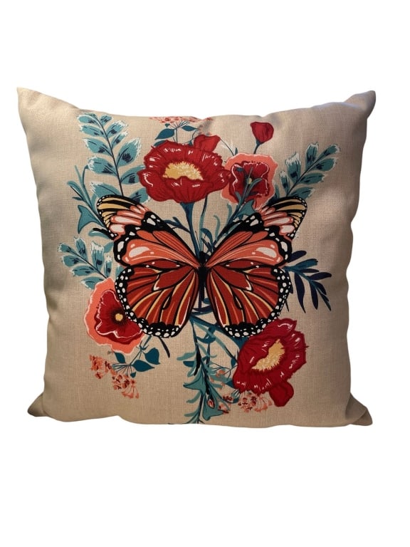 HAMPTON BAY FLORAL BUTTERFLY PILLOW 13": Decorative Hampton Bay accent pillow featuring a vibrant butterfly and floral design. The pillow measures approximately 13 inches across and is made of 100% polyester. Ideal for adding color and