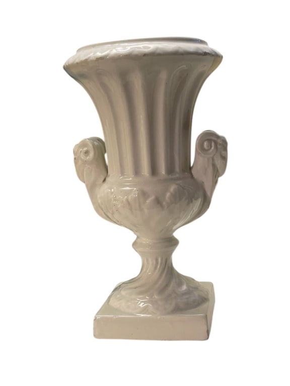 VINTAGE WHITE SWAN PORCELAIN URN VASE 8": Classic vintage white porcelain urn vase measuring approximately 8 inches high and 6 inches wide. Features ornate swan head handles and a square base. Stamped