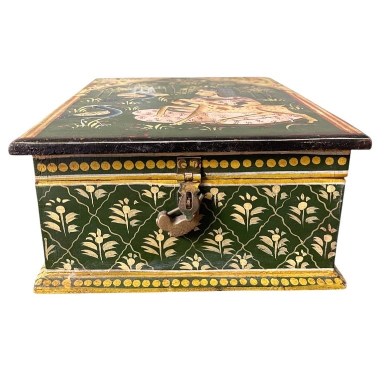 HAND PAINTED INDIAN WOODEN JEWELRY BOX 13": Handcrafted wooden jewelry box featuring intricate hand-painted Indian artwork on the lid, depicting a woman with a deer and birds in a garden setting. The box has a hinged lid, a metal clasp, and a g