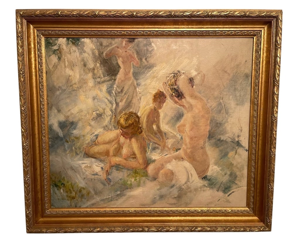 IMPRESSIONIST OIL PAINTING NUDE BATHING WOMEN 32" (1 of 6)