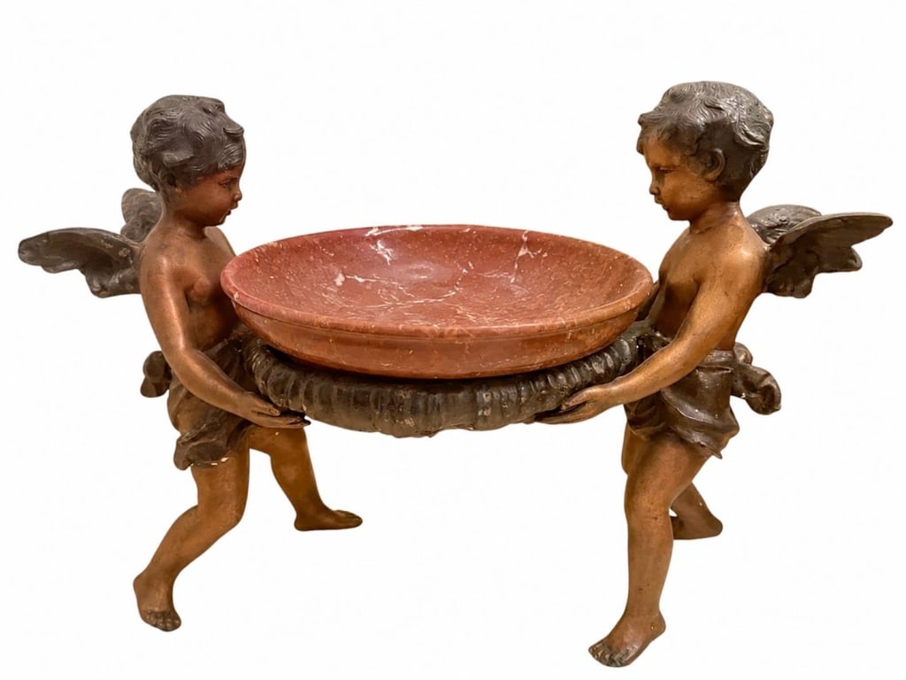 CHERUB FIGURAL BRONZE COMPOTE RED MARBLE BOWL 13" (1 of 4)