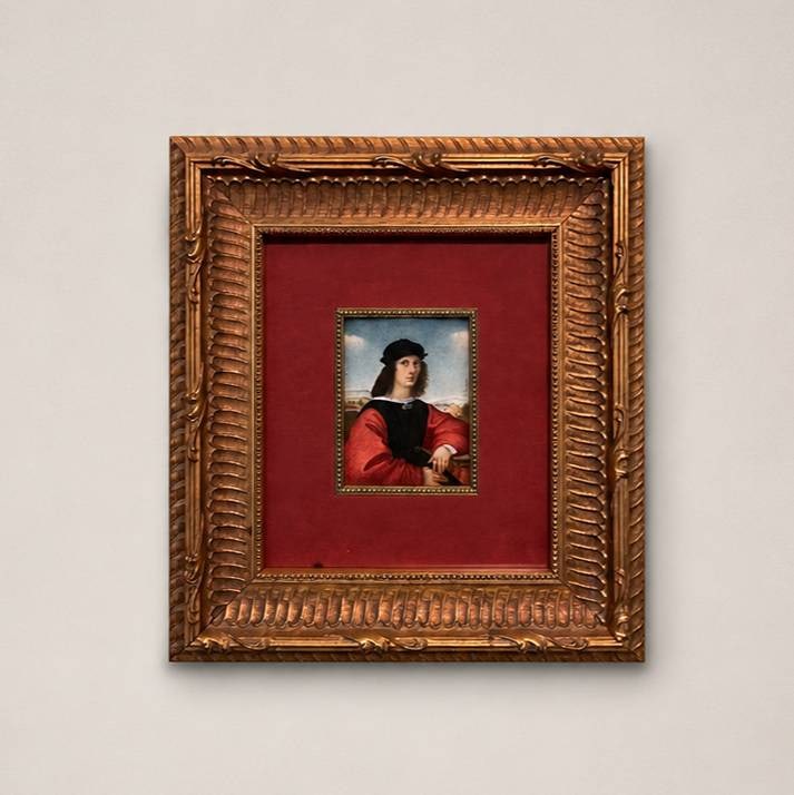 ANGELO DONI PAINTING REPRODUCTION AFTER RAPHAEL: Miniature portrait titled, "Portrait of Agnolo Doni" after Raphael, set in an ornate gilt wood frame. The overall size including frame is approximately 10x10 inches. Red matting, vintage backing paper