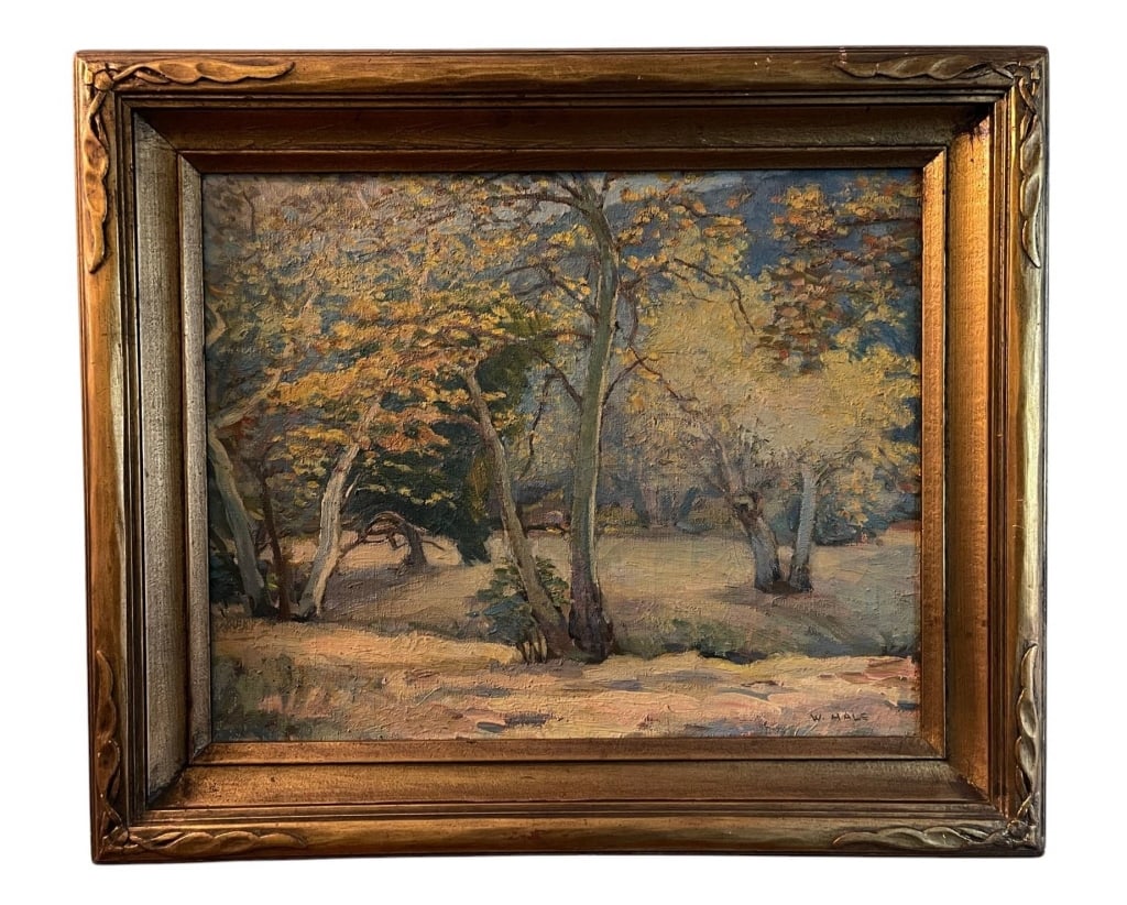 W. HALE OIL LANDSCAPE PAINTING WITH GOLD FRAME 26": Charming oil landscape painting featuring trees and open meadow in a serene setting. Housed in a vintage-style ornate gold frame. The painting appears to capture natural sunlight and vivid foliage, id