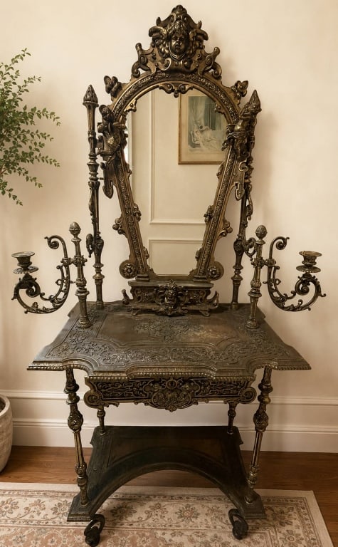 VICTORIAN STYLE METAL VANITY CONSOLE TABLE W/ MIRR (1 of 14)