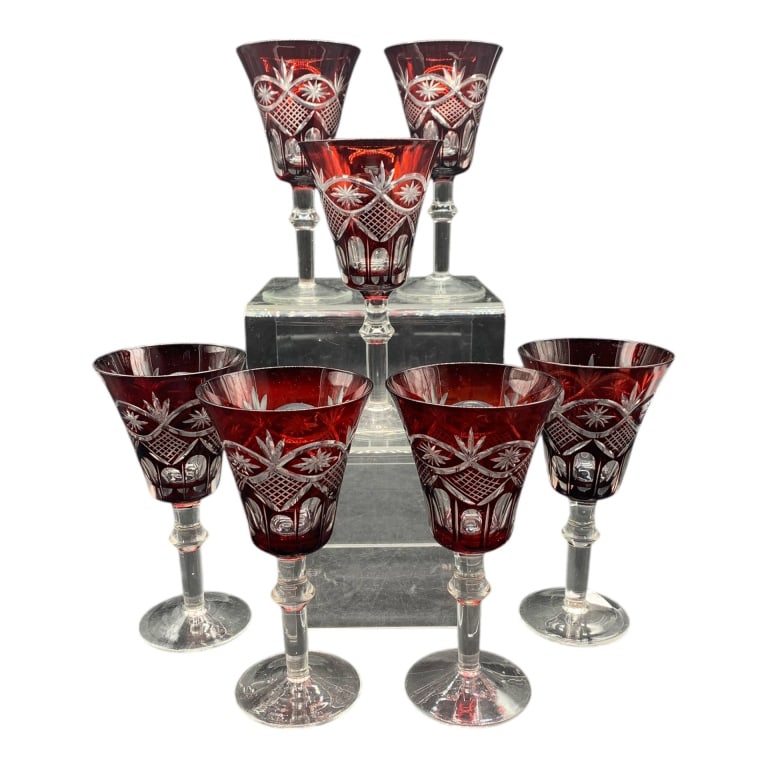 6 RUBY CUT TO CLEAR WINE GLASSES 7.5" (1 of 5)
