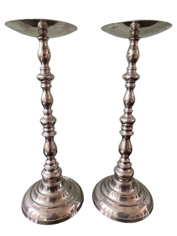 PAIR SILVER TONE METAL CANDLESTICKS 13" (1 of 5)