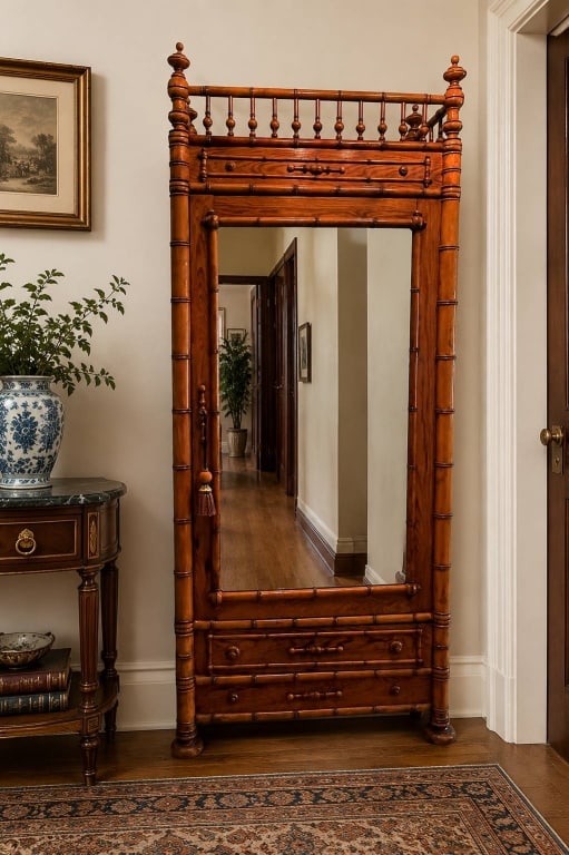 ANTIQUE STYLE FAUX BAMBOO ARMOIRE w/ MIRROR 60": Charming estate armoire crafted in a faux bamboo style. Features a mirrored door, decorative spindle gallery, two lower drawers, and internal shelving. Stands about 90.25" H x 39.5" W x 20.25" D.