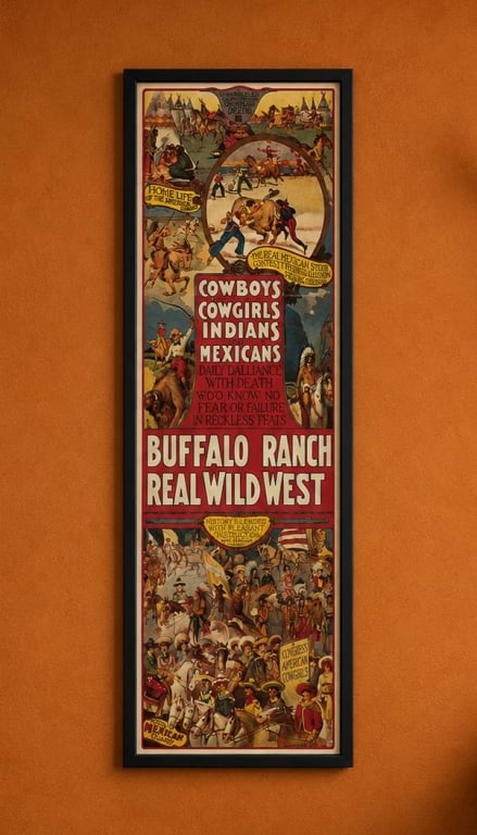 BUFFALO RANCH REAL WILD WEST POSTER 38": Framed vintage poster featuring vivid illustrations for Buffalo Ranch Real Wild West. Prominently displays 'Cowboys, Cowgirls, Indians and Mexicans.' Measures approximately 38 inches tall and 16 inche