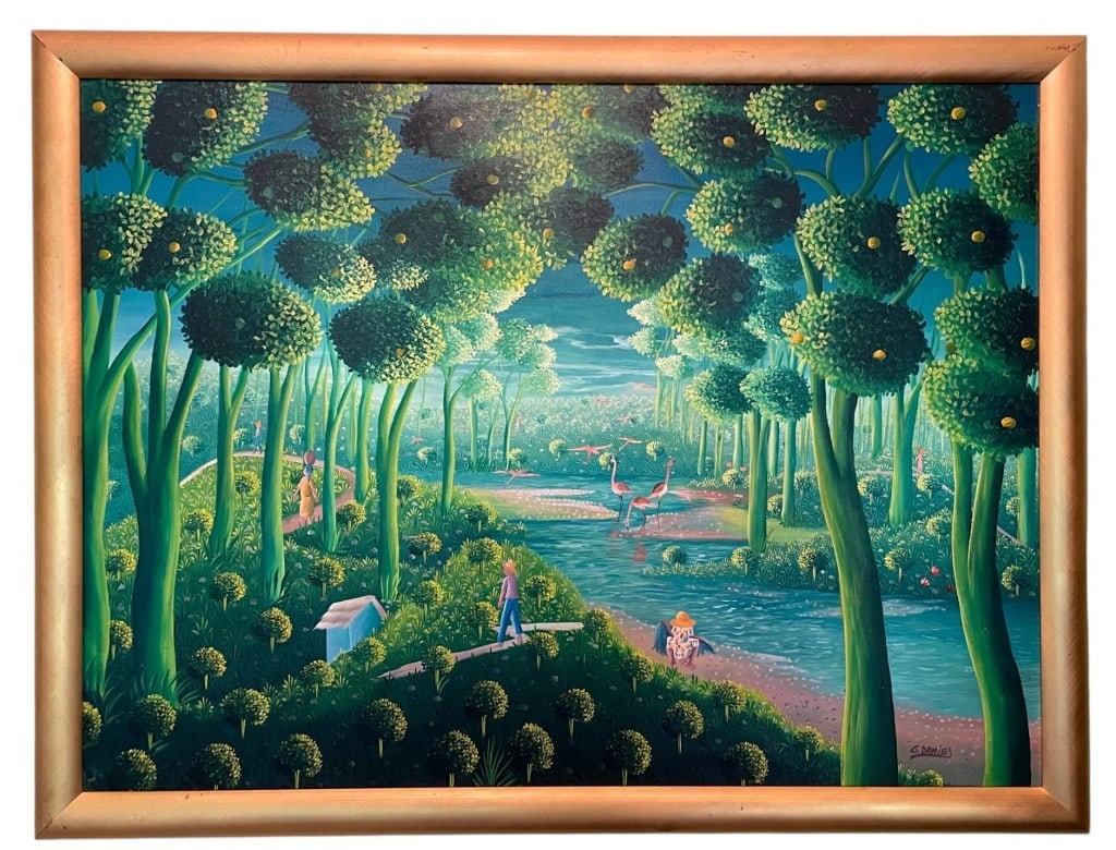 HAITIAN OIL PAINTING ON CANVAS SIGNED DANIELS: Late 20th century landscape oil painting on canvas depicting a lush, dreamlike forest with figures and flamingos by a river. Signed "G. Daniels" to the lower right corner. Measures approximately 32.25