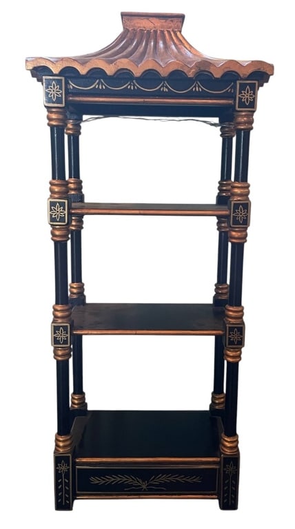 CHINESE STYLE PAGODA THREE-TIER DISPLAY SHELF 30": Chinese/Asian style decorative wooden display shelf with a pagoda-inspired top featuring hand-painted gilt accents. Crafted with three open display tiers with floral and scroll motif details throughou