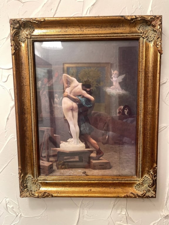 FRAMED PRINT CLASSICAL FIGURAL ART IN FRAME 16": Framed color print reproduction of 'Kiss of Psyche and Cupid'. The frame is ornate with gold tone, measuring approximately 16 x 13 inches. Condition appears good with minor wear to the frame. Perfect 