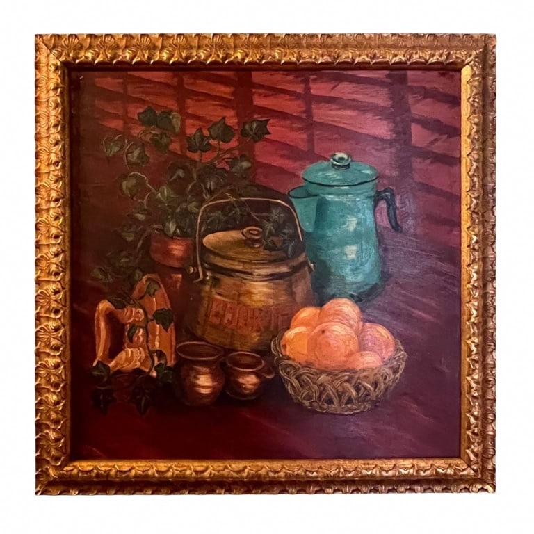 ORIGINAL STILL LIFE PAINTING WITH GOLD FRAME 28": Framed still life painting featuring a teal kettle, brass teapot, oranges in a basket, and leafy plant. The ornate gold frame enhances its classic and decorative appeal. Perfect for traditional or vin