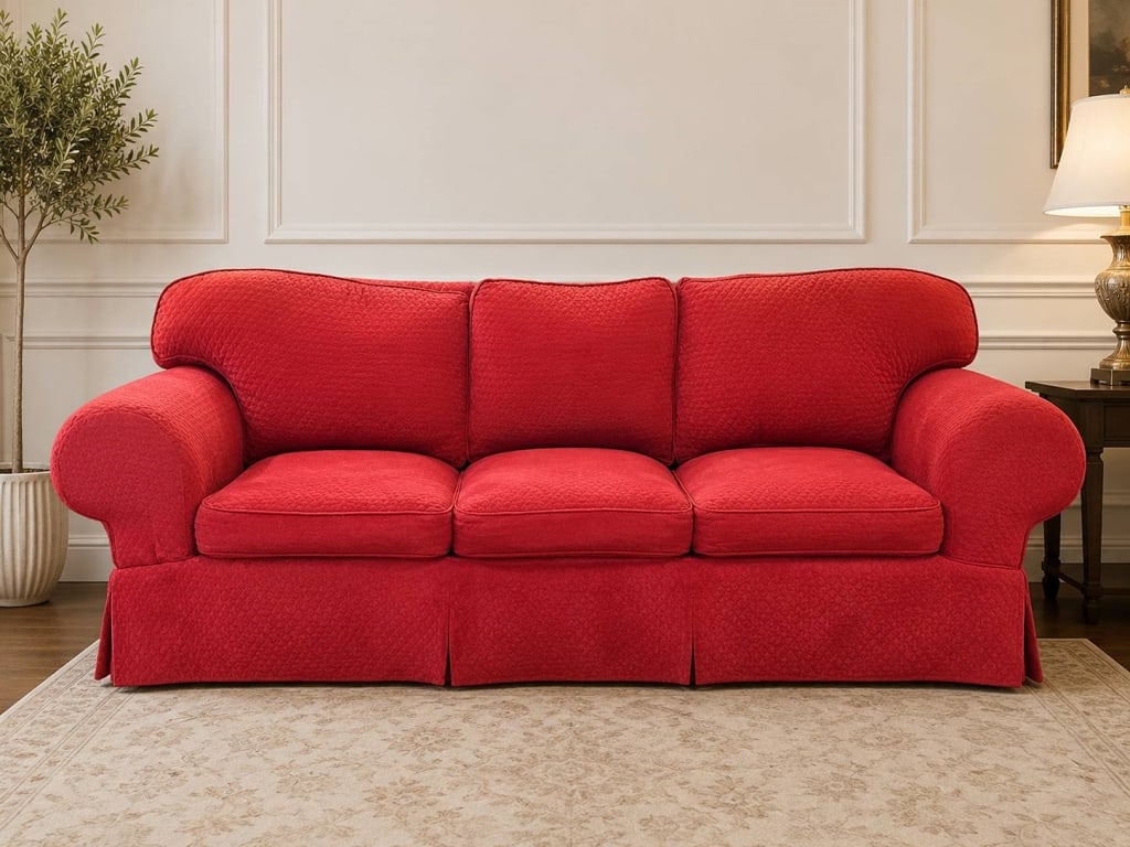 RED UPHOLSTERED ROLLED ARM SOFA 93": Classic red upholstered sofa with quilted diamond pattern fabric, rolled arms, and three seat cushions. Measures approximately 36 inches high and 93 inches long. Ideal for both traditional and contemp