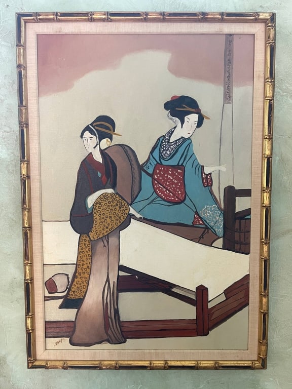 JAPANESE STYLE PAINTING IN BAMBOO-FR 40IN: Framed painting in Japanese style signed. Features two women in traditional attire. Frame is faux bamboo and measures approximately 28 by 40 inches. Beautiful muted palette and fine detail.