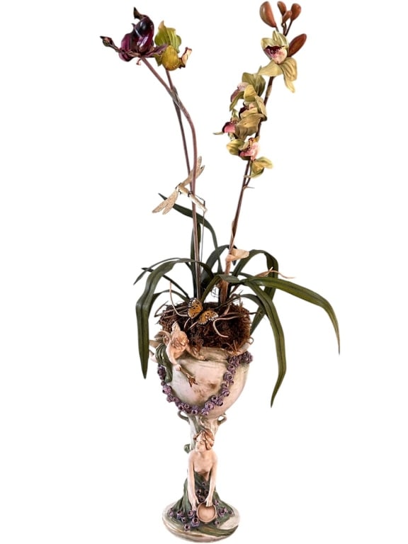ART NOUVEAU STYLE CERAMIC VASE FAUX ORCHID 35": Art Nouveau ceramic vase featuring sculpted female figures and raised floral decoration. Arranged with artificial orchids and insect embellishments. Stands approximately 35 inches tall. Base shows chi