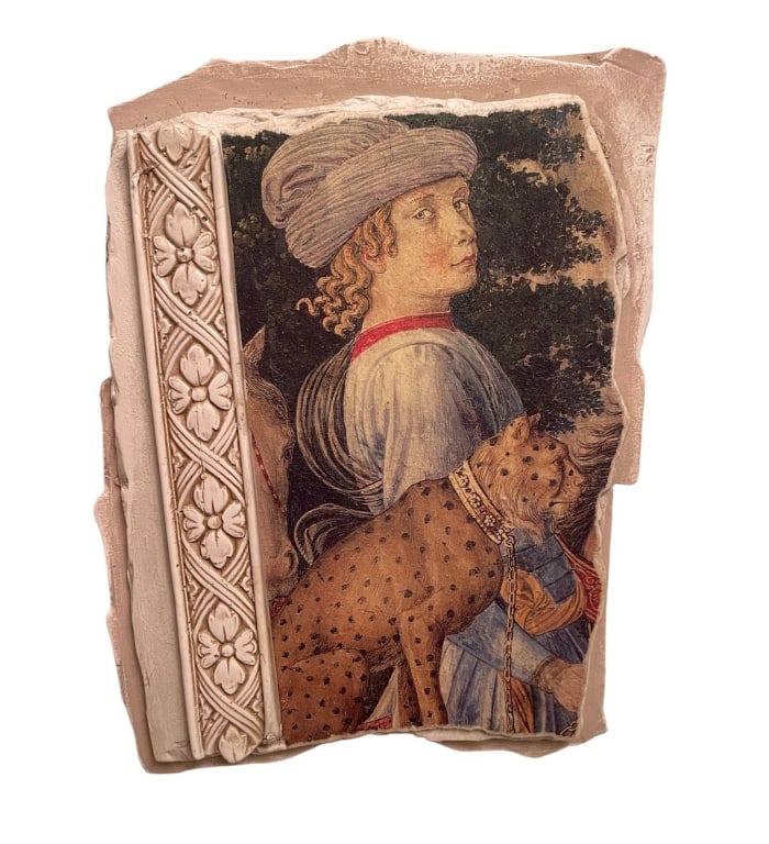 DECORATIVE RENAISSANCE WALL PLAQUE 8": This fragment features a Renaissance-style painted image of a figure with a dog, bordered by a relief floral pattern. The tile fragment measures approximately 8 x 6 inches. A fine collectible decorati