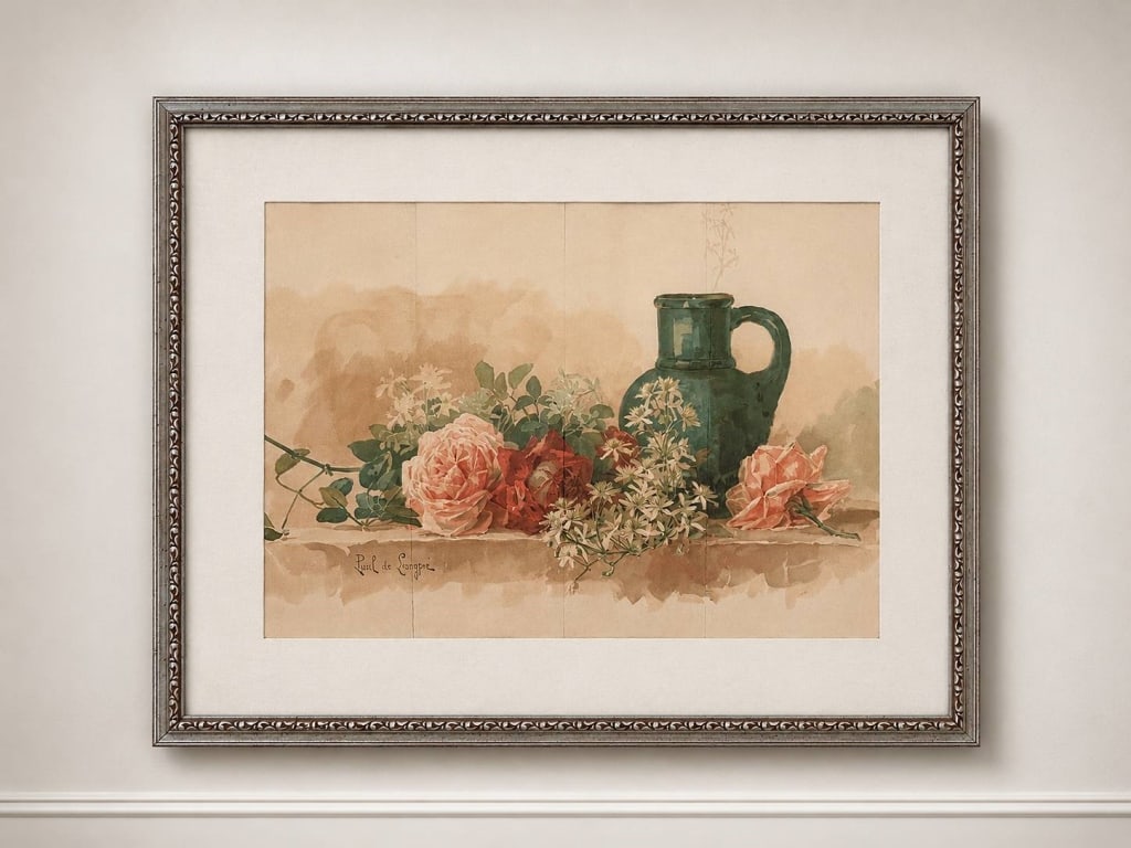 PAUL DE LONGPIE FLORAL STILL LIFE PRINT 27": Framed print featuring a floral still life with roses and a green vase by Paul de Longpie. The artwork is signed, with total framed dimensions approximately 27 x 20 inches. Elegant silver frame includ
