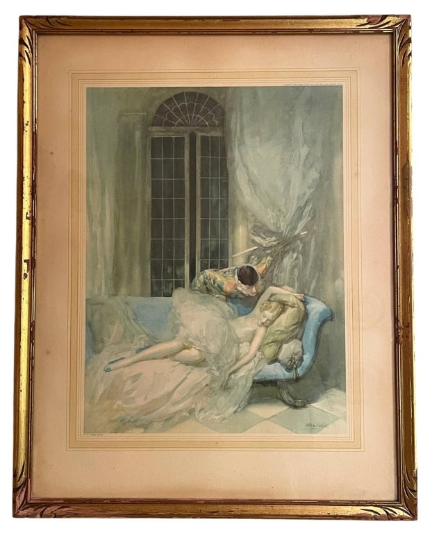WALTER E. WEBSTER "GOOD NIGHT COLUMBINE" LITHOGRAP: Walter Ernest Webster (British: 1878 - 1959) Art Deco era color lithograph print titled "Good Night Columbine." Features an elegant interior scene with reclining female figure and signed print details