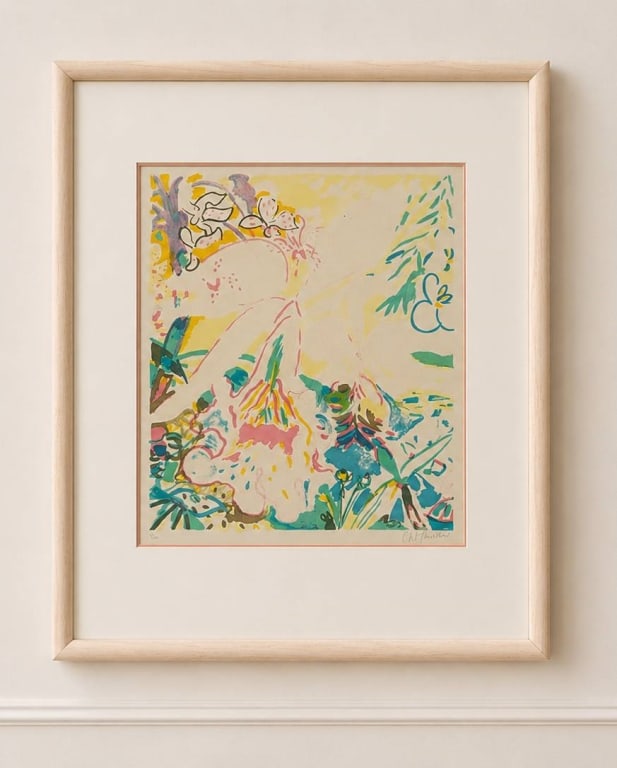 SIGNED ABSTRACT FLORAL FLORAL LITHOGRAPH 4/40 33": Colorful floral lithograph signed lower right and numbered 4/40 lower left. The artwork features vibrant abstract floral elements in a soft palette and is presented in a simple, light wood frame. Fram