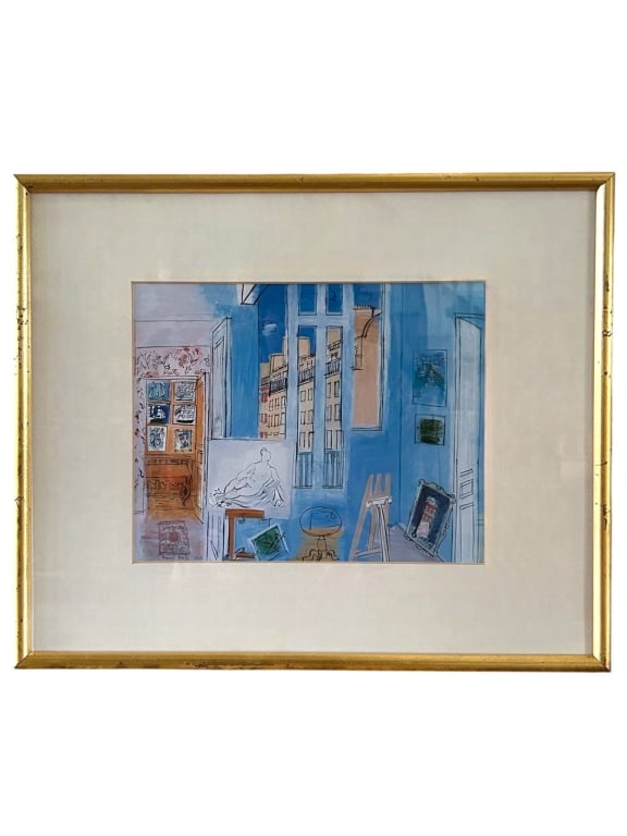 RAOUL DUFY FRAMED INTERIOR 1935 PRINT 18": Vintage framed watercolor painting by Raoul Dufy dated 1935. Depicts an artist's studio interior in blue tones. Signed and dated lower left. Total frame size is approximately 18 x 15 inches.