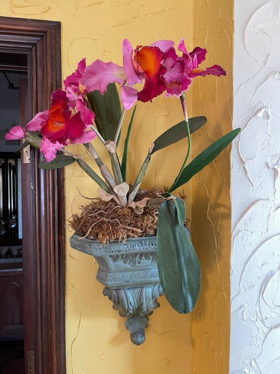 ORNATE WALL SHELF WITH FAUX ORCHIDS 25" (1 of 4)