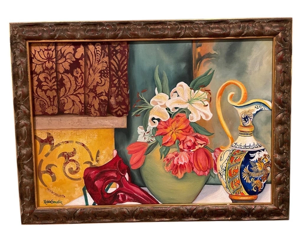 ORIGINAL STILL LIFE PAINTING FRAMED 29": This is an original still life painting. The artwork features a detailed arrangement of lilies, roses, a ceramic pitcher, and a decorative mask. Framed, it measures approximately 29 x 21 inches. Signe